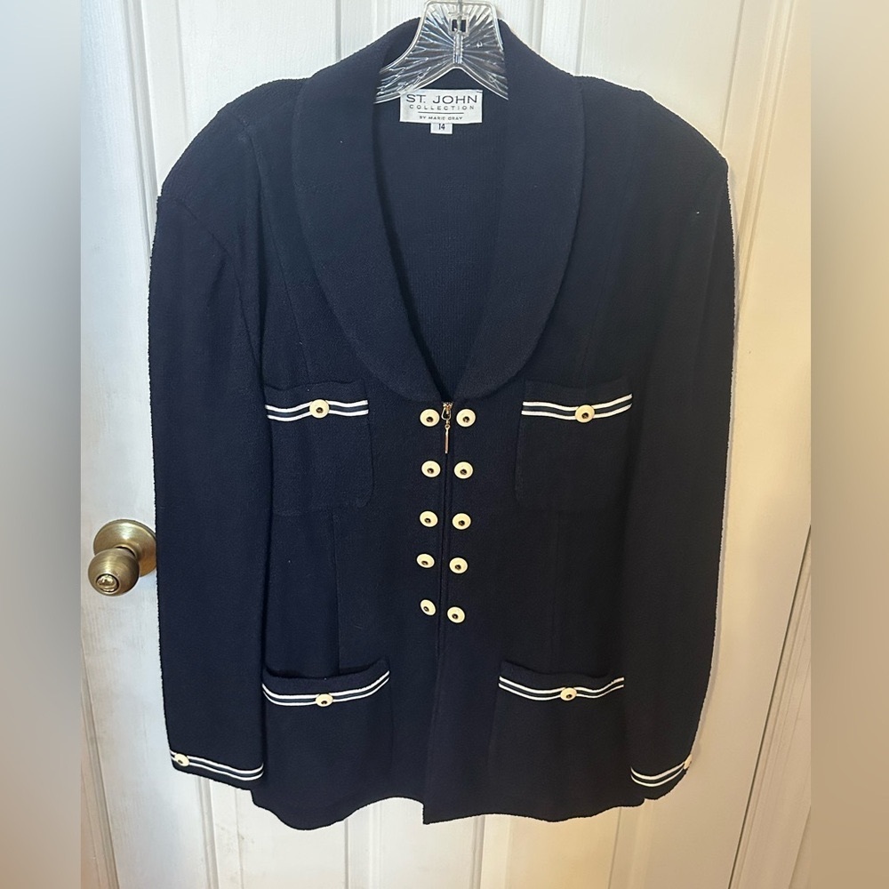 RARE St. John Military Navy Blue Jacket Blazer Santana Marie Gray Wool/Rayon 14 - Picture 6 of 15